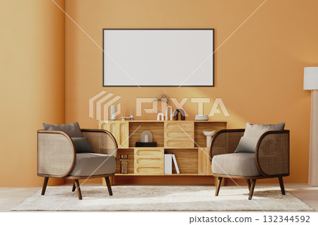 horizontal  frame mock-up in bright orange wall interior, living room with armchairs and cabinets, wall mock-up, 3d render 132344592