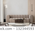modern living room interior with beige sofa and glass coffee table, empty wall, 3d render 132344593