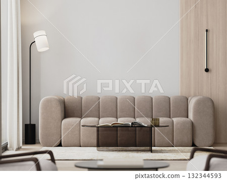 modern living room interior with beige sofa and glass coffee table, empty wall, 3d render 132344593