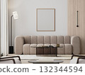 Wooden frame mock-up in modern living room interior with beige sofa and glass coffee table, 3d render 132344594