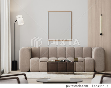 Wooden frame mock-up in modern living room interior with beige sofa and glass coffee table, 3d render Wooden frame mock-up in modern living room interior with beige sofa and glass coffee table, 3d render 132344594