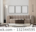 Three frames mock-up in modern living room interior with beige sofa and glass coffee table, 3d render 132344595