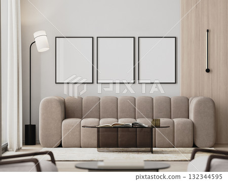 Three frames mock-up in modern living room interior with beige sofa and glass coffee table, 3d render Three frames mock-up in modern living room interior with beige sofa and glass coffee table, 3d render 132344595