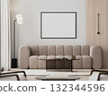 picture frame in modern living room interior with beige sofa and glass coffee table, 3d render 132344596