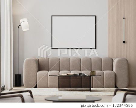 picture frame in modern living room interior with beige sofa and glass coffee table, 3d render 132344596