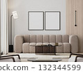 two frames mock-up in modern living room interior with beige sofa and glass coffee table, 3d render 132344599