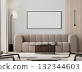 picture frame in modern living room interior with beige sofa and glass coffee table, 3d render 132344603
