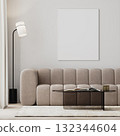 blank canvas mock-up in modern living room interior with beige sofa and glass coffee table, 3d render 132344604