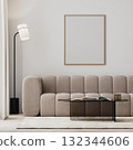 wooden poster frame mock-up in modern living room interior with beige sofa and glass coffee table, 3d render 132344606