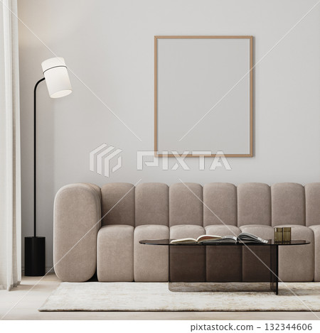wooden poster frame mock-up in modern living room interior with beige sofa and glass coffee table, 3d render 132344606