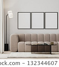 Three poster frames mock-up in modern living room interior with beige sofa and glass coffee table, 3d render 132344607