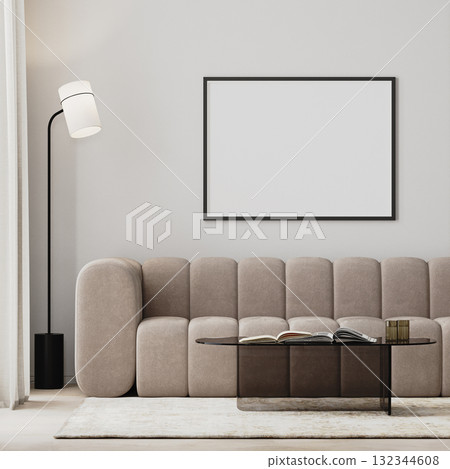 picture frame mock-up in modern living room interior with beige sofa and glass coffee table, 3d render picture frame mock-up in modern living room interior with beige sofa and glass coffee table, 3d render 132344608