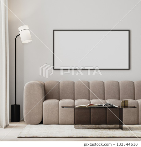 picture frame mock-up in modern living room interior with beige sofa and glass coffee table, 3d render picture frame mock-up in modern living room interior with beige sofa and glass coffee table, 3d render 132344610