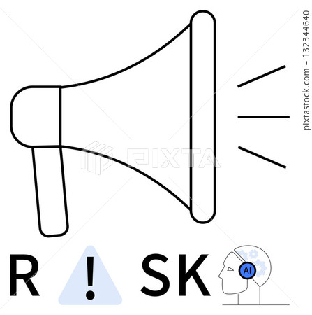 Megaphone emitting sound waves beside RISK text with exclamation mark and AI brain icon. Ideal for AI risks, warnings, technology alerts, cybersecurity threats, information dissemination, hazard 132344640