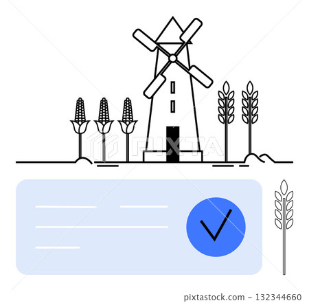 Windmill surrounded by corn and wheat plants with a checkmark in a blue area. Ideal for agriculture, sustainability, eco-friendly farming, renewable energy, environmental awareness, organic farming 132344660
