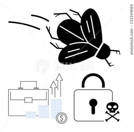 Insect representing malware, financial growth represented by briefcase and stacks of coins, secure lock. Ideal for cybersecurity, finance, risk management, data protection, business security, online Insect representing malware, financial growth represented by briefcase and stacks of coins, secure lock. Ideal for cybersecurity, finance, risk management, data protection, business security, online 132344664