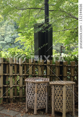 Woven bamboo trash cans in Sagano, Kyoto Woven bamboo trash cans in Sagano, Kyoto 132344686