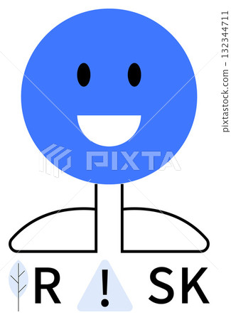 Smiling blue face with black eyes and wide mouth hovers above a figure element. Below it reads RISK with an exclamation mark in a triangle. Ideal for safety warnings, workplace signage, risk 132344711