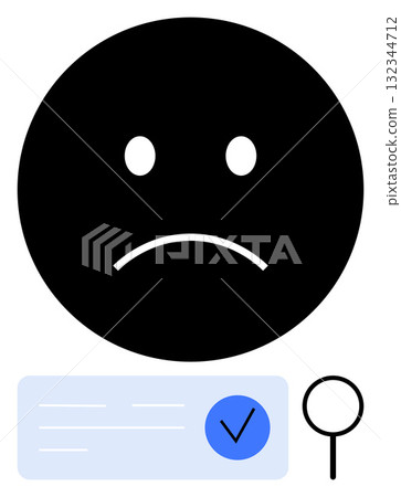Sad face with downturned mouth, document with checkmark, magnifying glass. Ideal for conveying rejection, failure, disappointment, unsuccessful search, negative feedback, emotional response 132344712