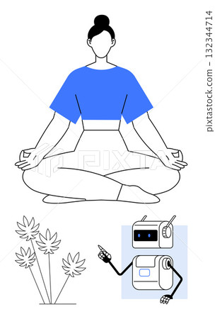 Woman sitting cross-legged meditating wearing a blue top. Below, plants with few leaves, and a small robot with arms. Ideal for wellness, relaxation, technology, nature, mindfulness, balance 132344714