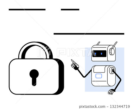 Lock symbol, robot pointing. Ideal for technology, cybersecurity, internet safety, privacy, innovation AI education Line metaphor Lock symbol, robot pointing. Ideal for technology, cybersecurity, internet safety, privacy, innovation AI education Line metaphor 132344719