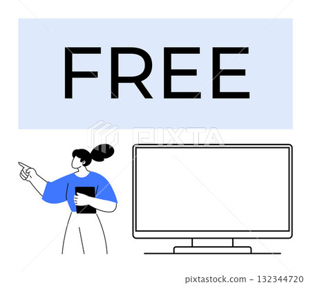 Woman holding tablet and pointing at a large empty screen alongside bold FREE text. Ideal for marketing, promotions, advertising, educational content, digital offers, e-learning, online services 132344720