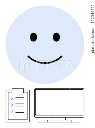 happy face above computer monitor and checklist with check marks. Ideal for workplace productivity, employee satisfaction, business success, organization, planning, motivation, positivity. Line happy face above computer monitor and checklist with check marks. Ideal for workplace productivity, employee satisfaction, business success, organization, planning, motivation, positivity. Line 132344721