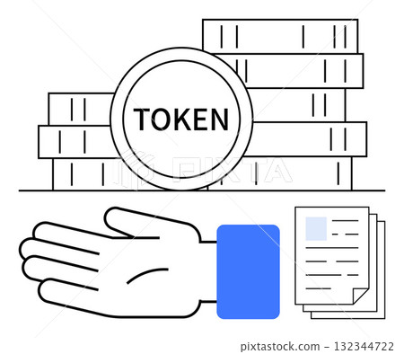 Token coin stack, outstretched hand giving, stack of papers, blue accent. Ideal for finance, cryptocurrency, trade, blockchain technology digital transactions economic exchange. Line metaphor 132344722