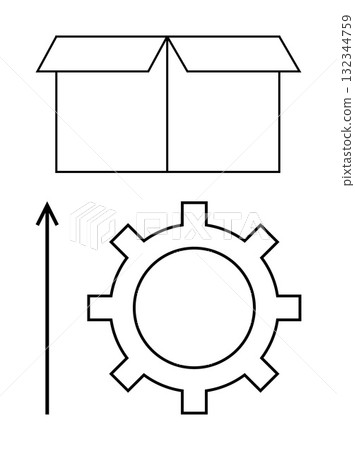 Box with open lid upward arrow and gear icon. Ideal for themes of innovation, growth, progress, industry, development, opportunity, and productivity. Line metaphor 132344759