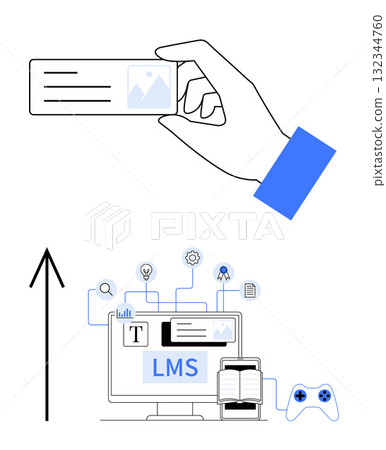 Hand holding card with image and text, computer with LMS interface, upward arrow. Ideal for e-learning, education technology, online courses, digital credentials, skill development, professional 132344760