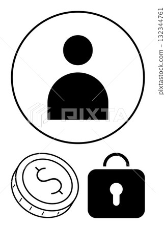 User profile icon with a circle, a dollar coin, and a lock. Ideal for user accounts, financial apps, privacy, security, banking e-commerce online transactions. Line metaphor 132344761