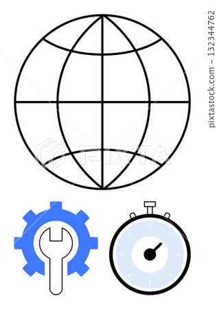 Globe blue gear with wrench and stopwatch. Ideal for themes thumbs up global communication, efficiency, productivity, technology, maintenance, engineering, and time management. Line metaphor 132344762