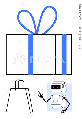 Blue-wrapped gift box, a paper shopping bag, and a friendly robot with pointing gesture. Ideal for topics on shopping, technology, gifts, automation, modern commerce, customer service 132344765