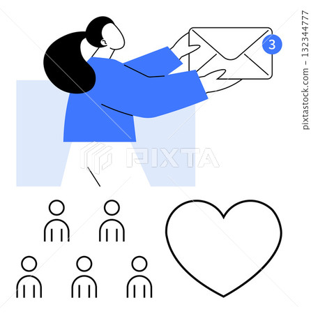 Female figure holding large envelope while heart symbol and group of people icons signify connection, communication, relationships, networking, social engagement. Ideal for social media, email Female figure holding large envelope while heart symbol and group of people icons signify connection, communication, relationships, networking, social engagement. Ideal for social media, email 132344777
