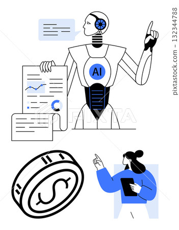AI robot pointing and analyzing charts, woman holding tablet pointing, and a coin. Ideal for technology, finance, AI integration, business analytics, innovation collaboration and data science. Line 132344788