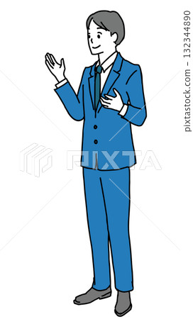 Illustration of a man in a suit guiding with his palm outstretched Illustration of a man in a suit guiding with his palm outstretched 132344890
