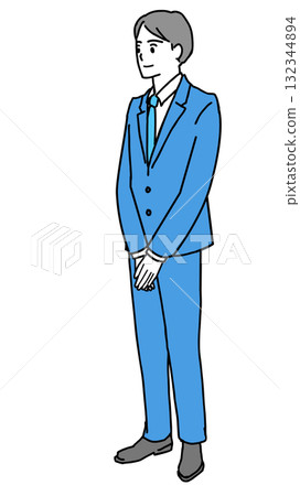Illustration of a young man in a suit standing with his hands in front of him 132344894