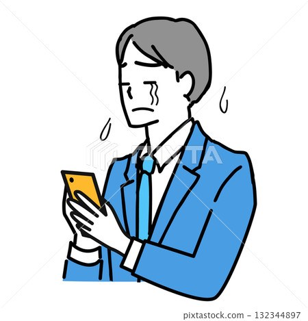 一名西裝革履的男子一邊操作智慧型手機一邊哭泣的插圖 132344897