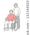 A woman pushing a senior man's wheelchair Line drawing 132344920