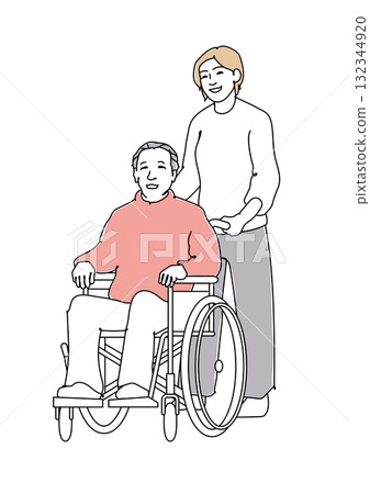 A woman pushing a senior man's wheelchair Line drawing A woman pushing a senior man's wheelchair Line drawing 132344920