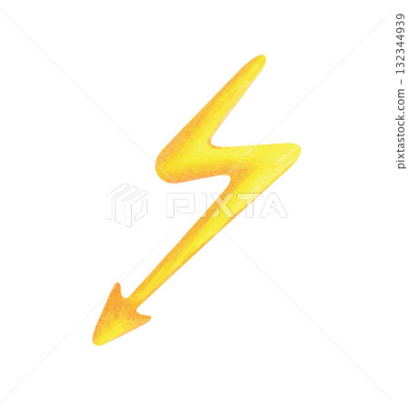 A zigzag of sparkling lightning drawn with colored pencils. A child's drawing of a weather phenomenon. The sketch is isolated on a white background. Clipart. 132344939