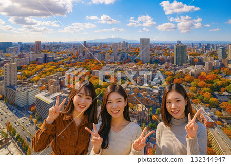 Autumn leaves overlooking the cityscape towards Mount Fuji from New Man Takanawa Autumn leaves overlooking the cityscape towards Mount Fuji from New Man Takanawa 132344947