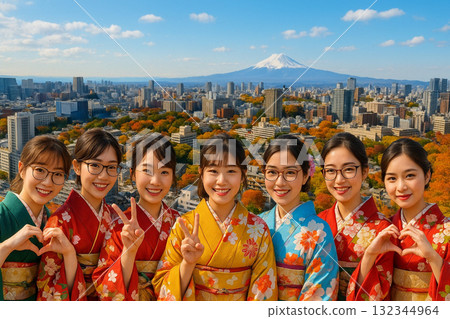 Autumn leaves overlooking the cityscape towards Mount Fuji from New Man Takanawa Autumn leaves overlooking the cityscape towards Mount Fuji from New Man Takanawa 132344964