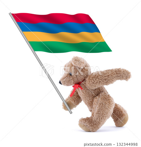 Mauritius flag being carried by a cute teddy bear 132344998