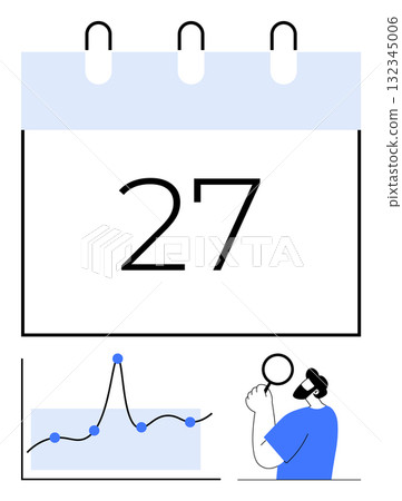 Calendar with date 27, rising graph, person analyzing data with magnifying glass. Ideal for project management, time tracking, data analysis, growth strategy, business planning, productivity Calendar with date 27, rising graph, person analyzing data with magnifying glass. Ideal for project management, time tracking, data analysis, growth strategy, business planning, productivity 132345006