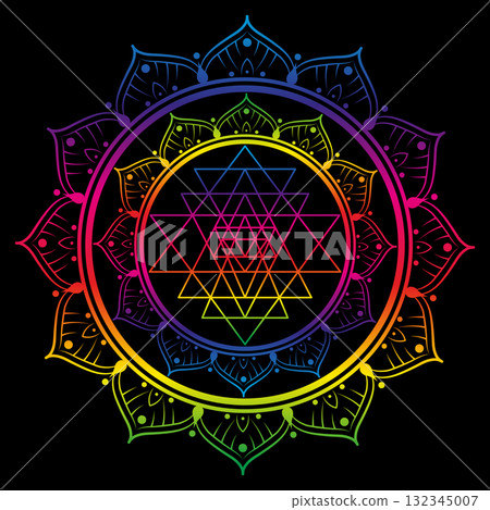 Psychedelic Sri Yantra lotus mandala, sacred geometry figure used in Hinduism and Tantrism as a tool for meditation and concentration to harmonize the mind and promote spiritual awakening. isolated 132345007