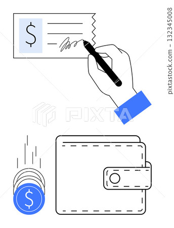Hand with pen signing check, coins in motion, and wallet representing financial transactions. Ideal for banking, finance, savings, payments, investments budgeting accounting. Line metaphor Hand with pen signing check, coins in motion, and wallet representing financial transactions. Ideal for banking, finance, savings, payments, investments budgeting accounting. Line metaphor 132345008