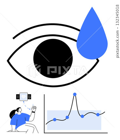 Eye with blue teardrop person with smartwatch analytics chart. Ideal for healthcare, technology, emotions, data analysis, telemedicine, wellness, diagnostics. Line metaphor Eye with blue teardrop person with smartwatch analytics chart. Ideal for healthcare, technology, emotions, data analysis, telemedicine, wellness, diagnostics. Line metaphor 132345018