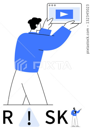 Man in blue sweater holding a tablet with play button above the text RSK and exclamation mark inside triangle. Ideal for risk management, safety awareness, cautionary messages, training content 132345023