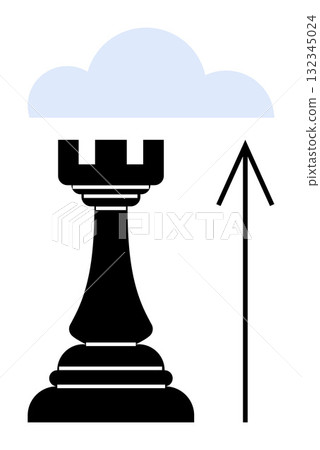 Black chess rook with upward arrow pointing to cloud. Ideal for strategy, ambition, growth, aspiration, business goals success leadership. Line metaphor. Line metaphor. Simple line icons Black chess rook with upward arrow pointing to cloud. Ideal for strategy, ambition, growth, aspiration, business goals success leadership. Line metaphor. Line metaphor. Simple line icons 132345024